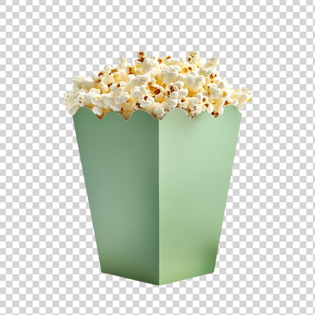 Grüne Kiste mit Popcorn, isoliert auf durchsichtigem Hintergrund