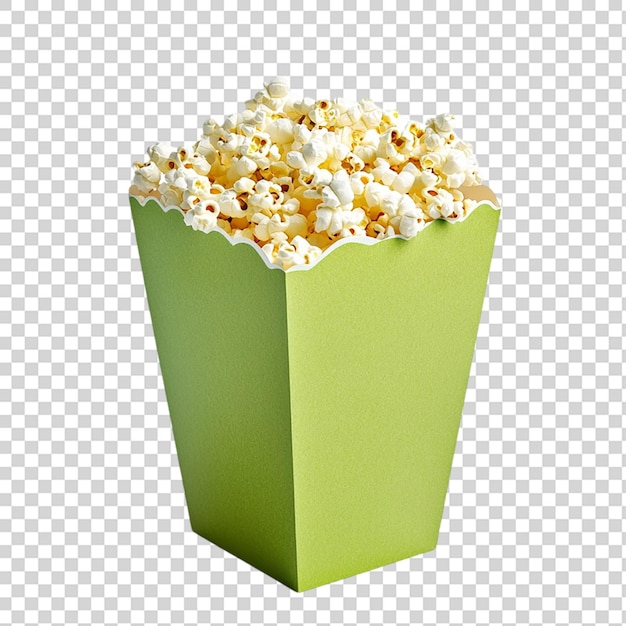 Grüne Kiste mit Popcorn, isoliert auf durchsichtigem Hintergrund