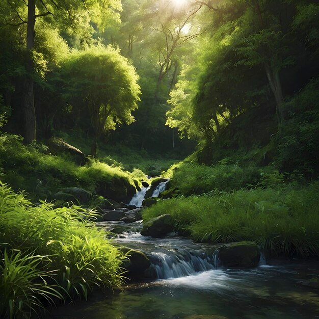 PSD grüne landschaft mit morgendlichem sonnenschein