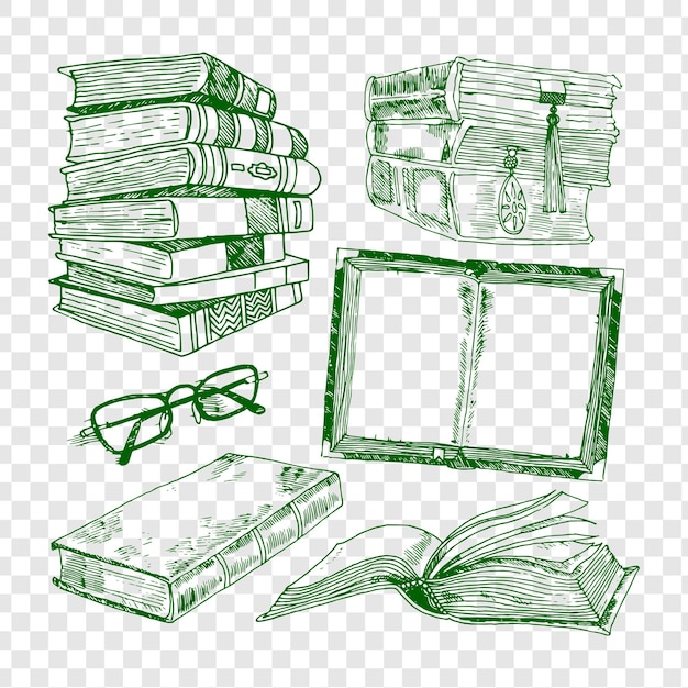 Grüne Skizze von Büchern, Brillen und offenem Buch auf durchsichtigem Hintergrund