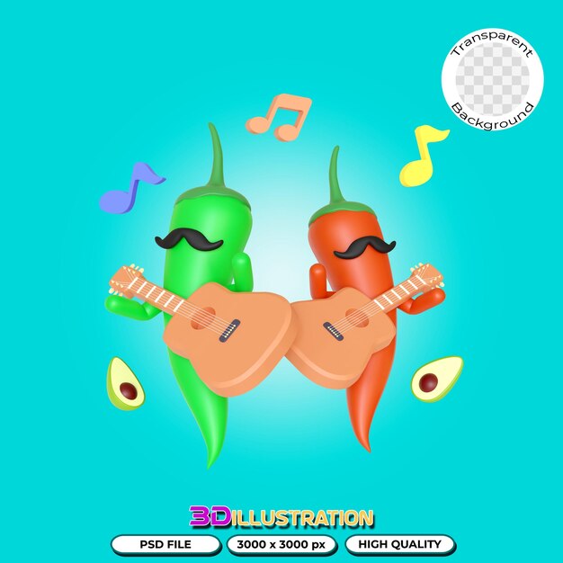 Grüne und rote Chilischoten spielen Gitarre 3D-Illustration in transparentem Hintergrund