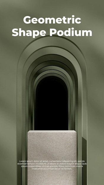 Grüner bogenhintergrund 3d-rendering-mockup-raum des natürlichen terrazzo-texturpodiums im hochformat