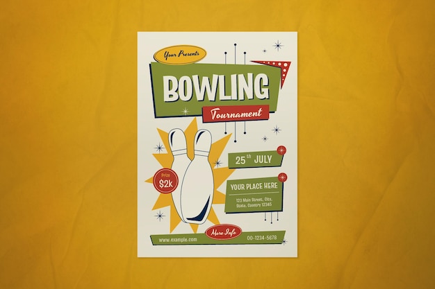 PSD grüner flyer des bowling-turniers des mittleren jahrhunderts