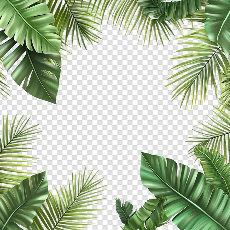 PSD grüner tropischer hintergrund mit monstera-blättern und palmblättern flach gelegt isoliert auf transparent bac