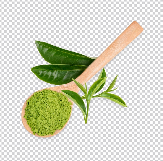 Grünes Matcha-Pulver in einem löffelisolierten Premium PSD