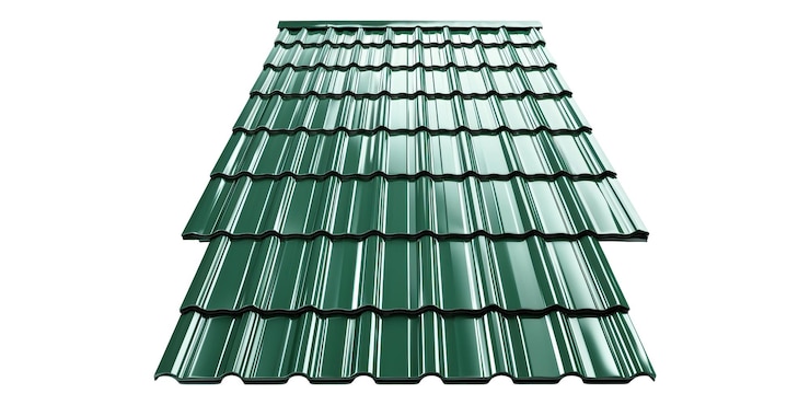 PSD grünes metalldachblech mit gewelltem design, isoliert auf durchsichtigem hintergrund