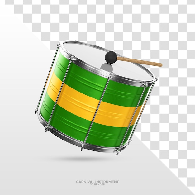 PSD grünes und gelbes trommel-bumbo-instrument 3d render für carnaval