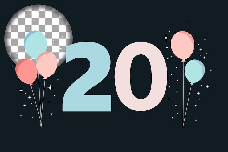 PSD grüßkarte zum 20. jahrestag mit ballons flache minimalistische vektorillustration