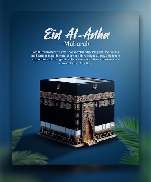 Grüßplakat für Eid al-Adha Hajj Opfer Kabah und Ziegen Flyer bearbeitbar