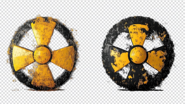 PSD grunge style radioactive symbols with a distressed look on a transparent background showcasing wear and tear