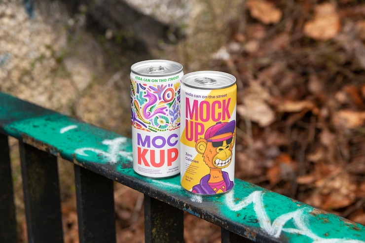 PSD grunge style soda cans on the street