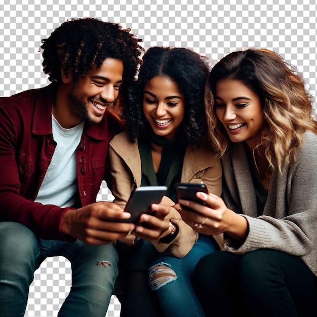 PSD un grupo de amigos adolescentes felices mirando el teléfono y riendo en la calle de la ciudad