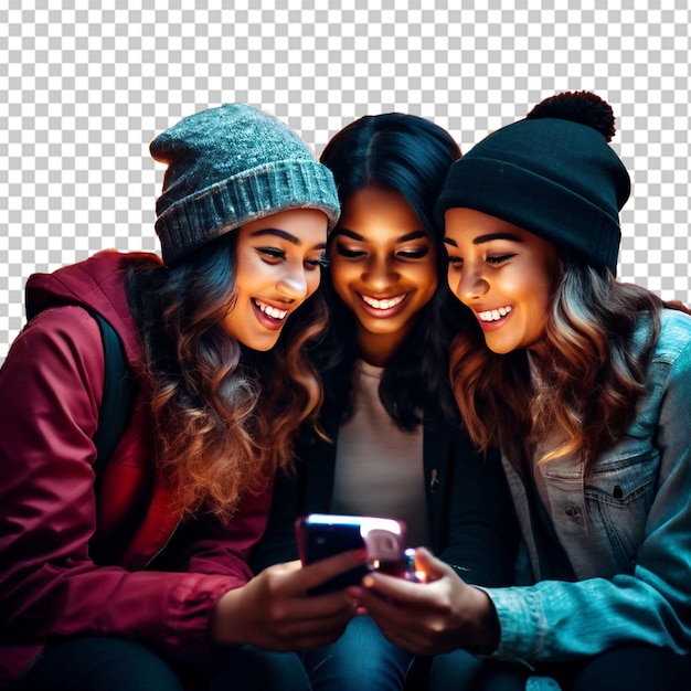 PSD un grupo de amigos adolescentes felices mirando el teléfono y riendo en la calle de la ciudad