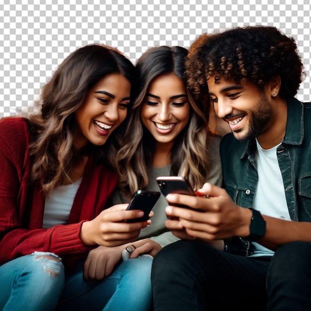 PSD un grupo de amigos adolescentes felices mirando el teléfono y riendo en la calle de la ciudad