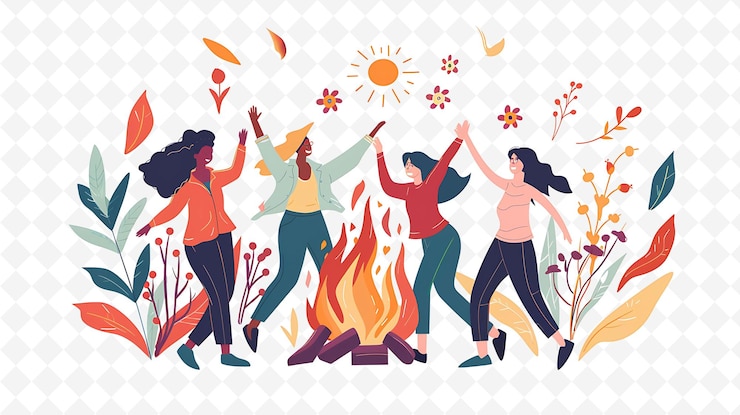 PSD grupo de amigos celebrando una hoguera del solsticio de verano diseño de ilustración plana carácter cultural
