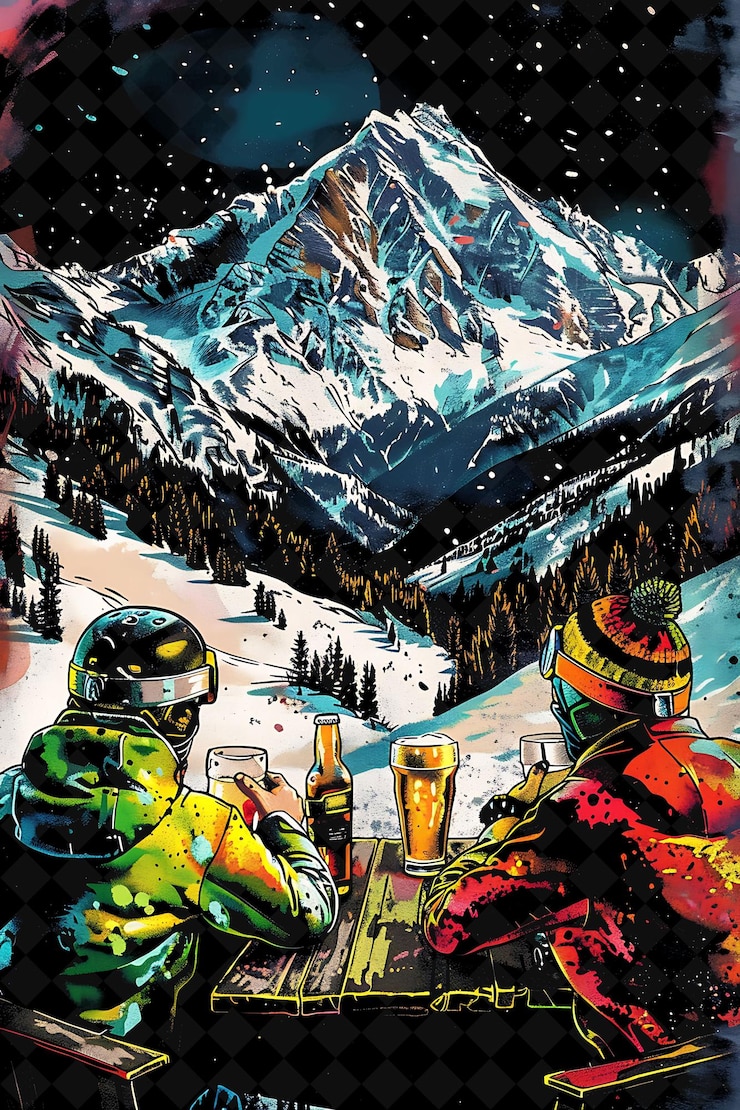 PSD grupo de amigos disfrutando de cervezas en un albergue de esquí vista detallada ilustración plana diseño de la cultura de la cerveza