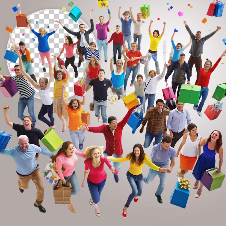 PSD un grupo de amigos haciendo compras juntos para celebrar sus compras en un fondo transparente
