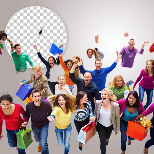 Un grupo de amigos haciendo compras juntos para celebrar sus compras en un fondo transparente