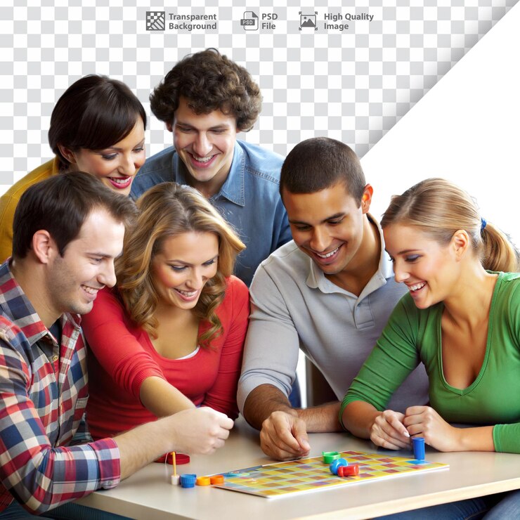 PSD grupo de amigos jugando un juego de mesa que representa entretenimiento de ocio e interacción social