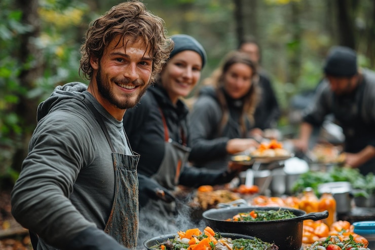 PSD un grupo de amigos sonríen mientras preparan comida para una comida en el bosque