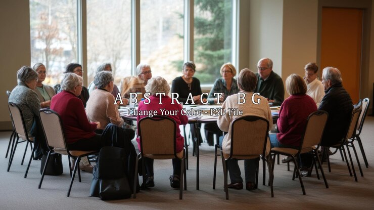 PSD un grupo de ancianos reunidos alrededor de una mesa en una sala de conferencias conversando y disfrutando de la compañía de los demás