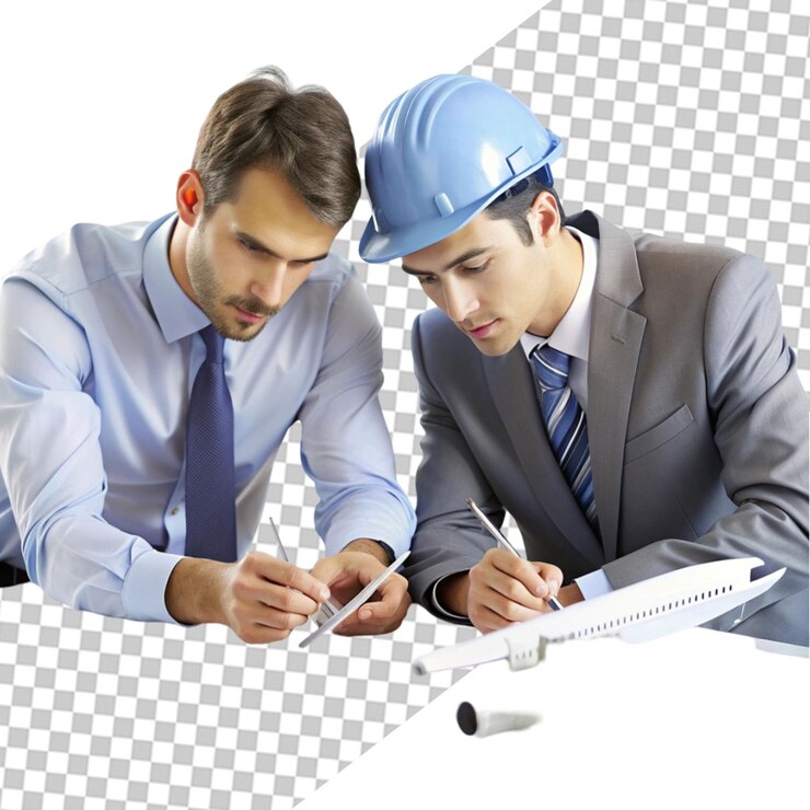 PSD grupo de arquitecto discutiendo plan de diseño en plano en la oficina