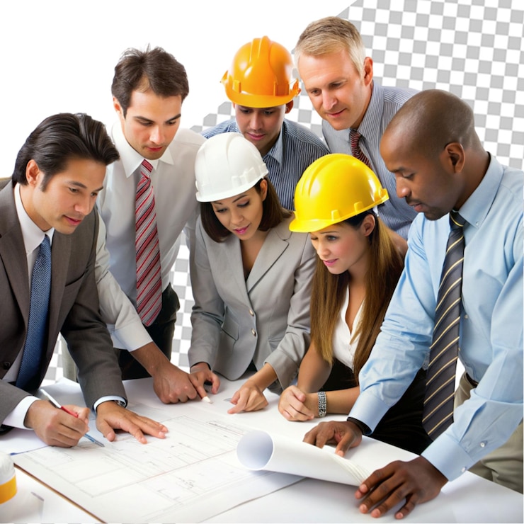 PSD grupo de arquitectos discutiendo el plan de diseño en el plano en la oficina