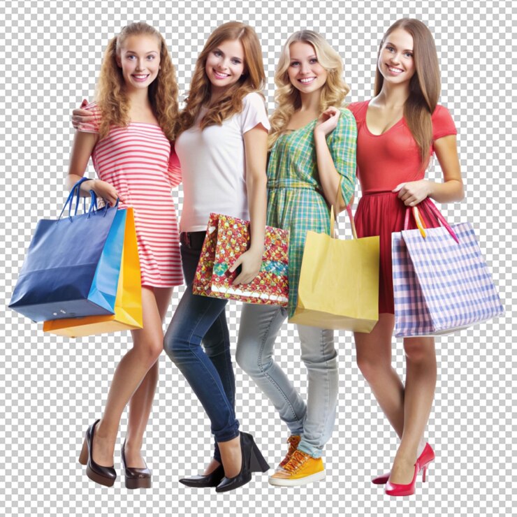 PSD un grupo de chicas con bolsas de compras en un fondo blanco