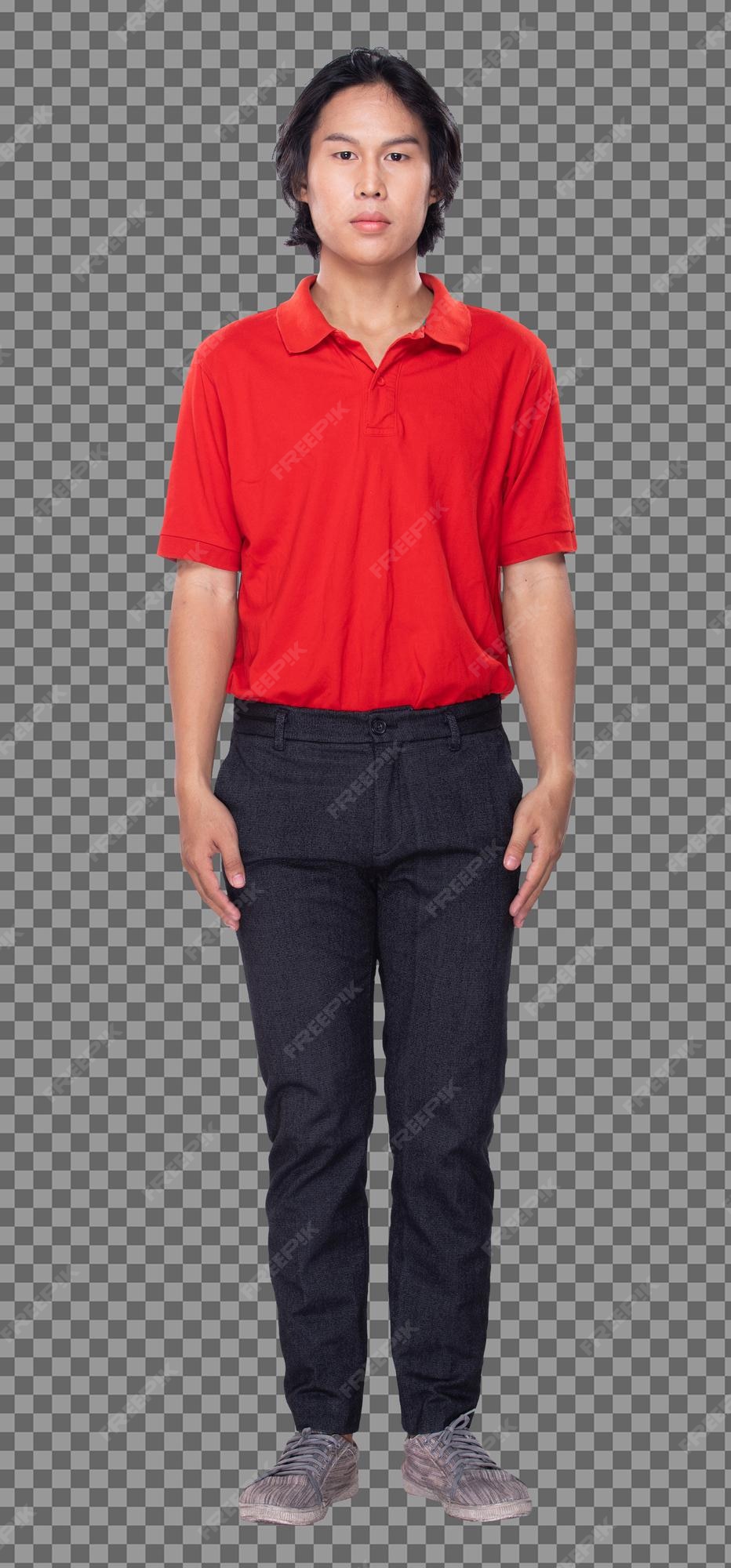 de collage completo figura snap de los años 20 hombre asiático cabello negro camisa roja pantalón negro y zapatos. guy está y gira 360 alrededor de la vista trasera lateral