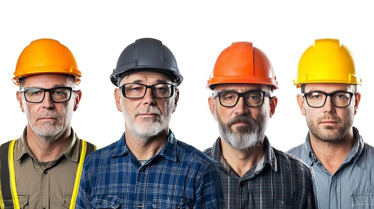 PSD grupo de constructores con cascos en un fondo aislado ia generativa