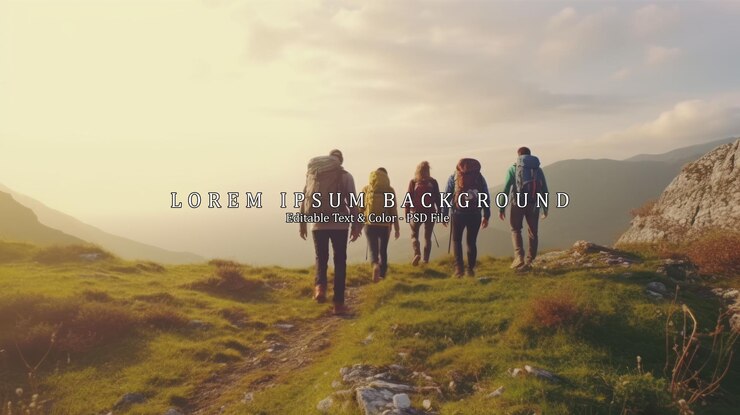 PSD grupo de amigos caminhada escalada montanha natureza paisagem estilo de vida homem viagem