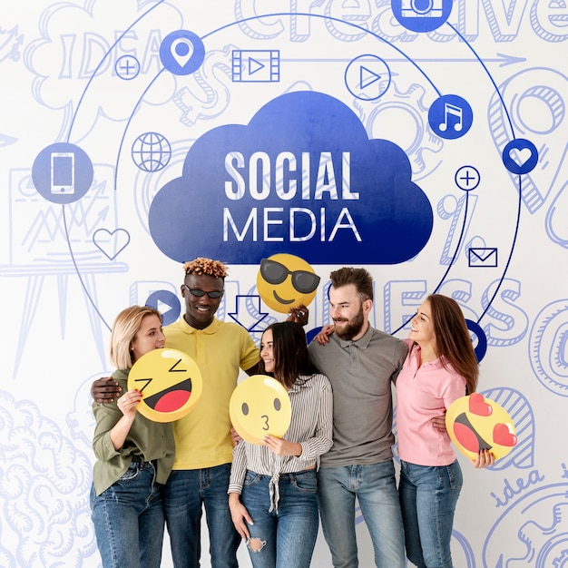 PSD grupo de amigos de mídia social com emojis