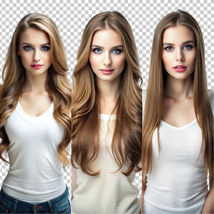 PSD grupo de beleza mulher com cabelo longo de cor diferente e moda