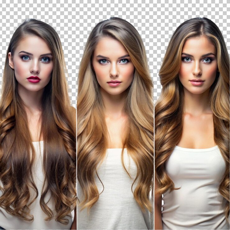 PSD grupo de beleza mulher com cabelo longo de cor diferente e moda