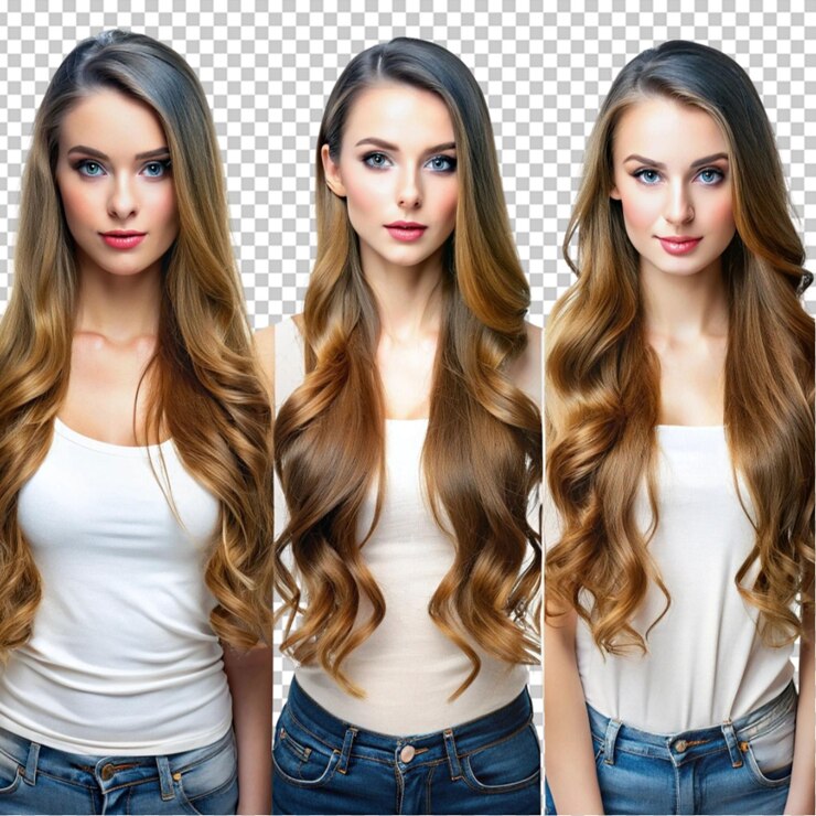 PSD grupo de beleza mulher com cabelo longo de cor diferente e moda