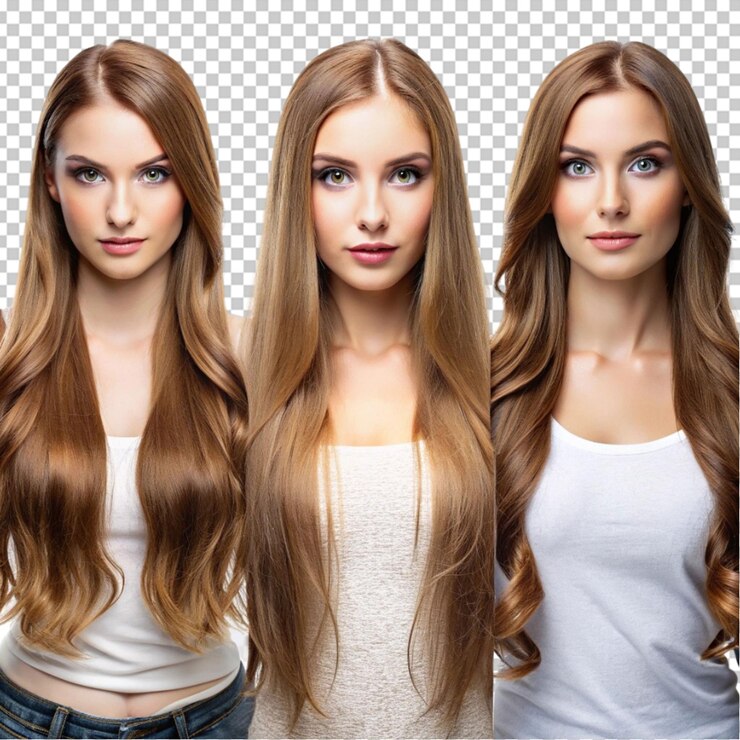 PSD grupo de beleza mulher com cabelo longo de cor diferente e moda