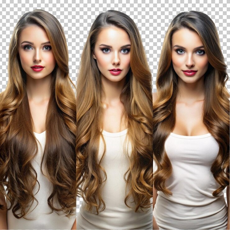 PSD grupo de beleza mulher com cabelo longo de cor diferente e moda