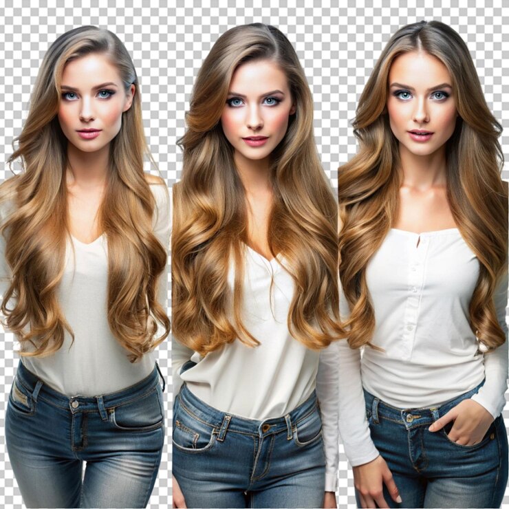 PSD grupo de beleza mulher com cabelo longo de cor diferente e moda