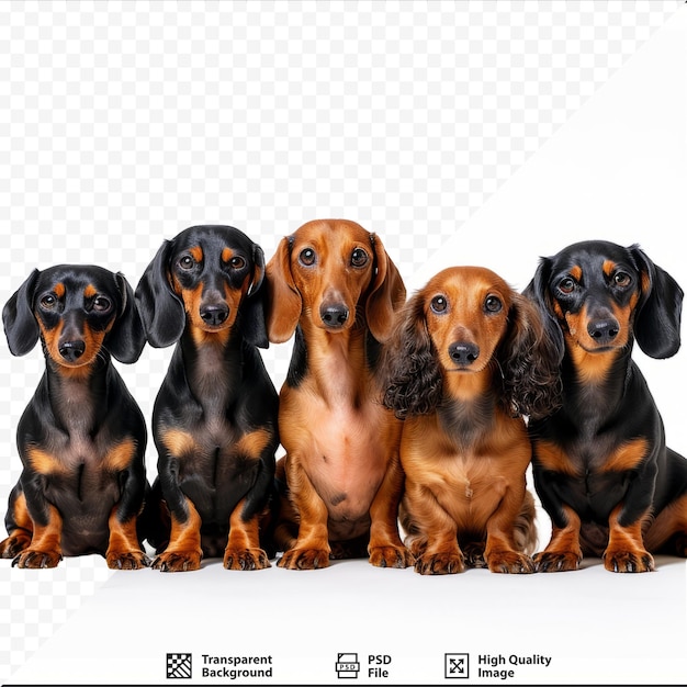 Grupo de cães dachshund sentados juntos em uma fileira