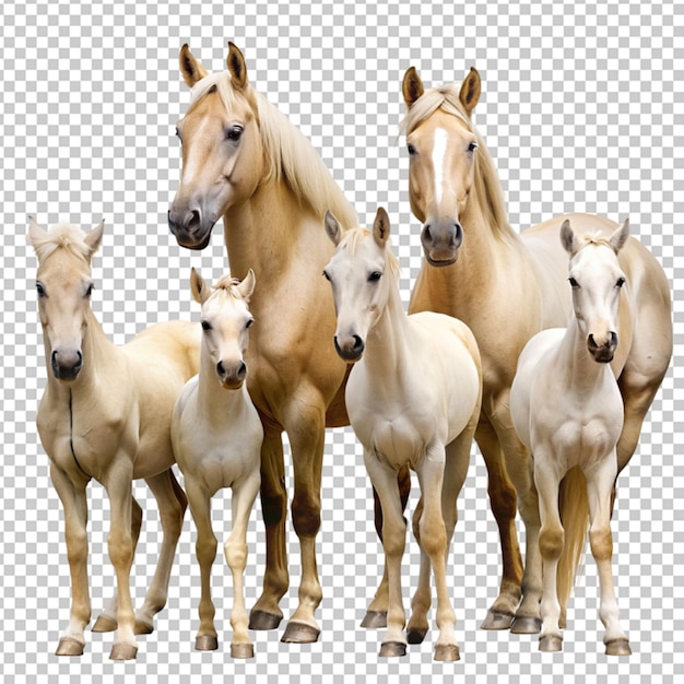 PSD grupo de cavalos galopando na areia isolado em fundo branco