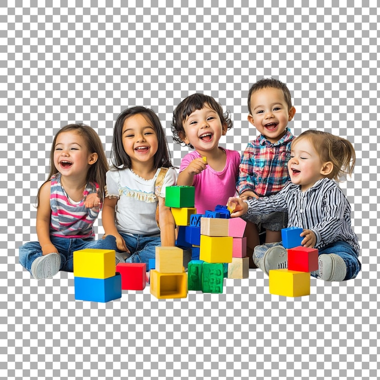 PSD grupo de crianças de png brincando com blocos e rindo contra um fundo transparente
