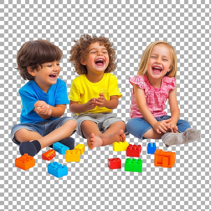 PSD grupo de crianças de png brincando com blocos e rindo contra um fundo transparente