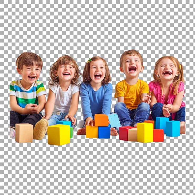 PSD grupo de crianças de png brincando com blocos e rindo contra um fundo transparente