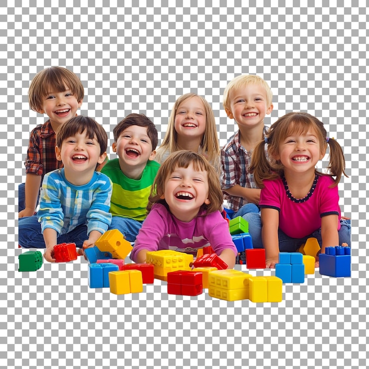 PSD grupo de crianças de png brincando com blocos e rindo contra um fundo transparente