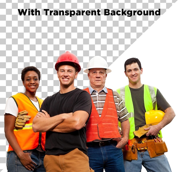 Grupo de diferentes trabalhadores da construção posando no local em pé PSD Isolado Transparente de fundo