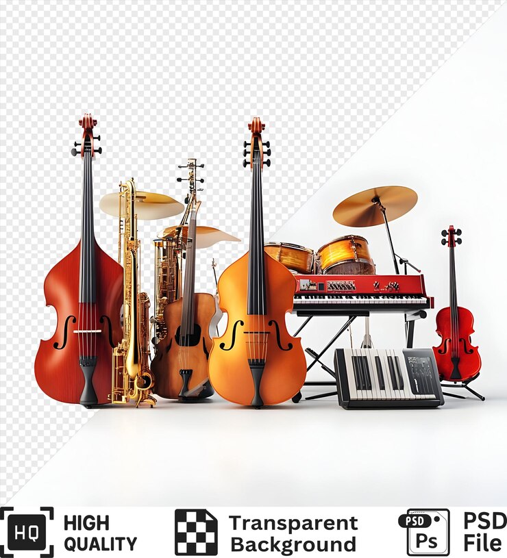 PSD grupo de instrumentos musicais, incluindo um saxofone, violinos e um contrabaixo isolados em um fundo transparente