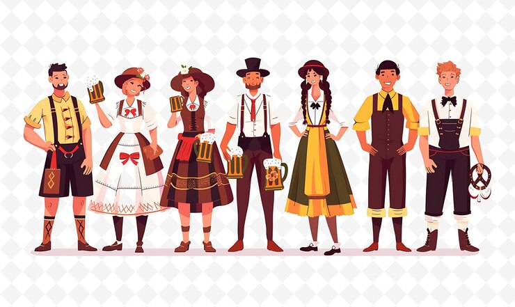 PSD grupo de pessoas em trajes tradicionais alemães para o oktoberfest ilustração plana caráter cultural
