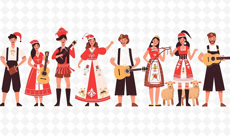 PSD grupo de pessoas em trajes tradicionais gregos para a páscoa grega ilustração plana cultura caracter