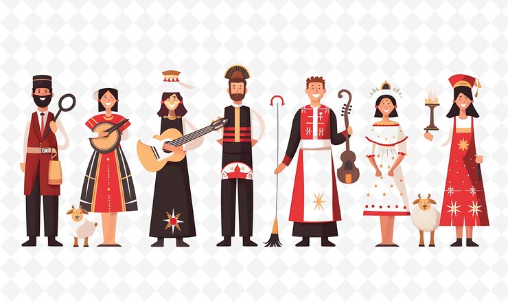 PSD grupo de pessoas em trajes tradicionais gregos para a páscoa grega ilustração plana cultura caracter