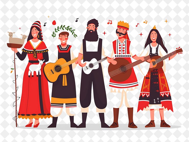PSD grupo de pessoas em trajes tradicionais gregos para o festival mundial de ilustração plana da páscoa grega